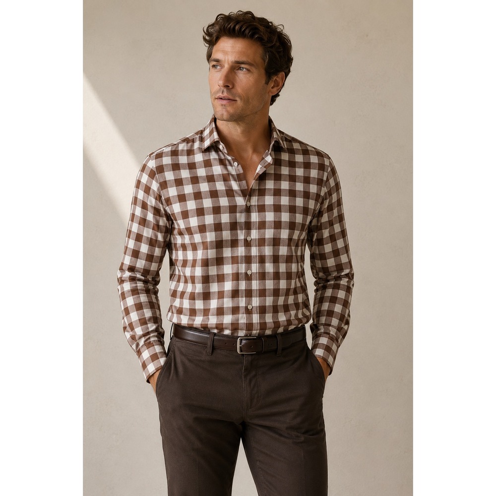 Eton Contemporary Cotton Silk Button Shirt Men's S Brown White Gingham Check